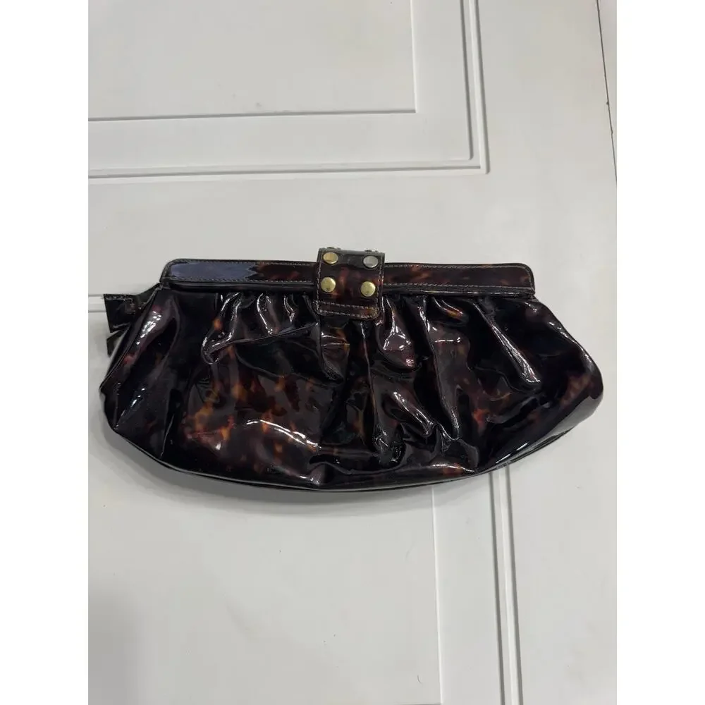 BE & D Patent Tortoise Shell Leather Fold Over Clutch Handbag Gold Buckle